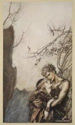 Brunilde si getta tra le braccia di Sigfrido, illustrazione da 